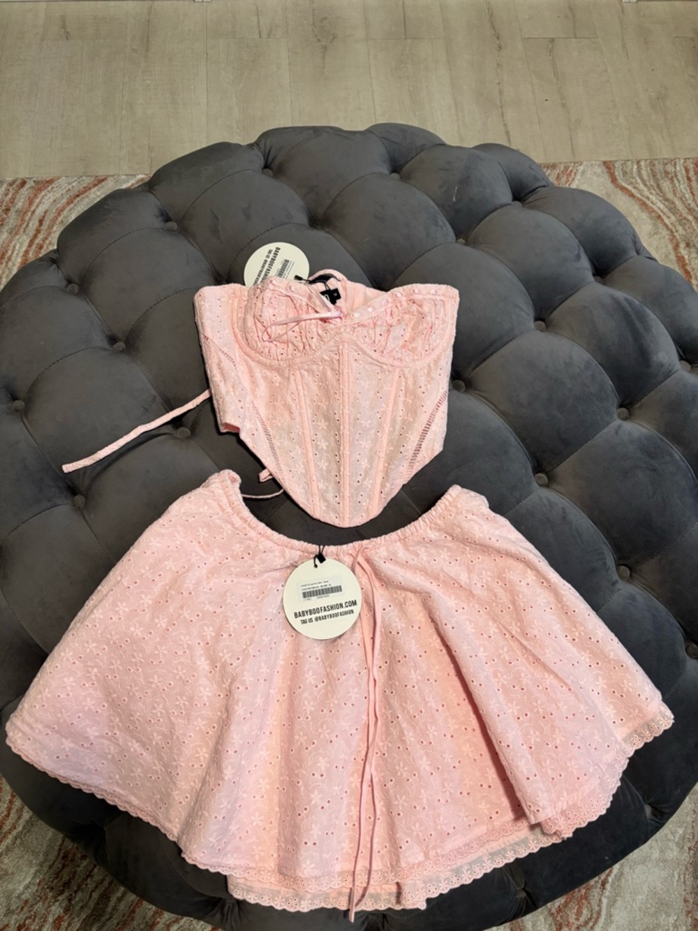 Strapless Pink Eyelet Corset Top and Skirt Set